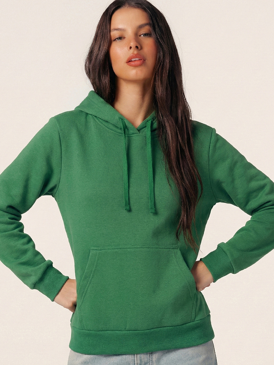 Tokyo Talkies Women Green Solid Hooded Sweatshirt