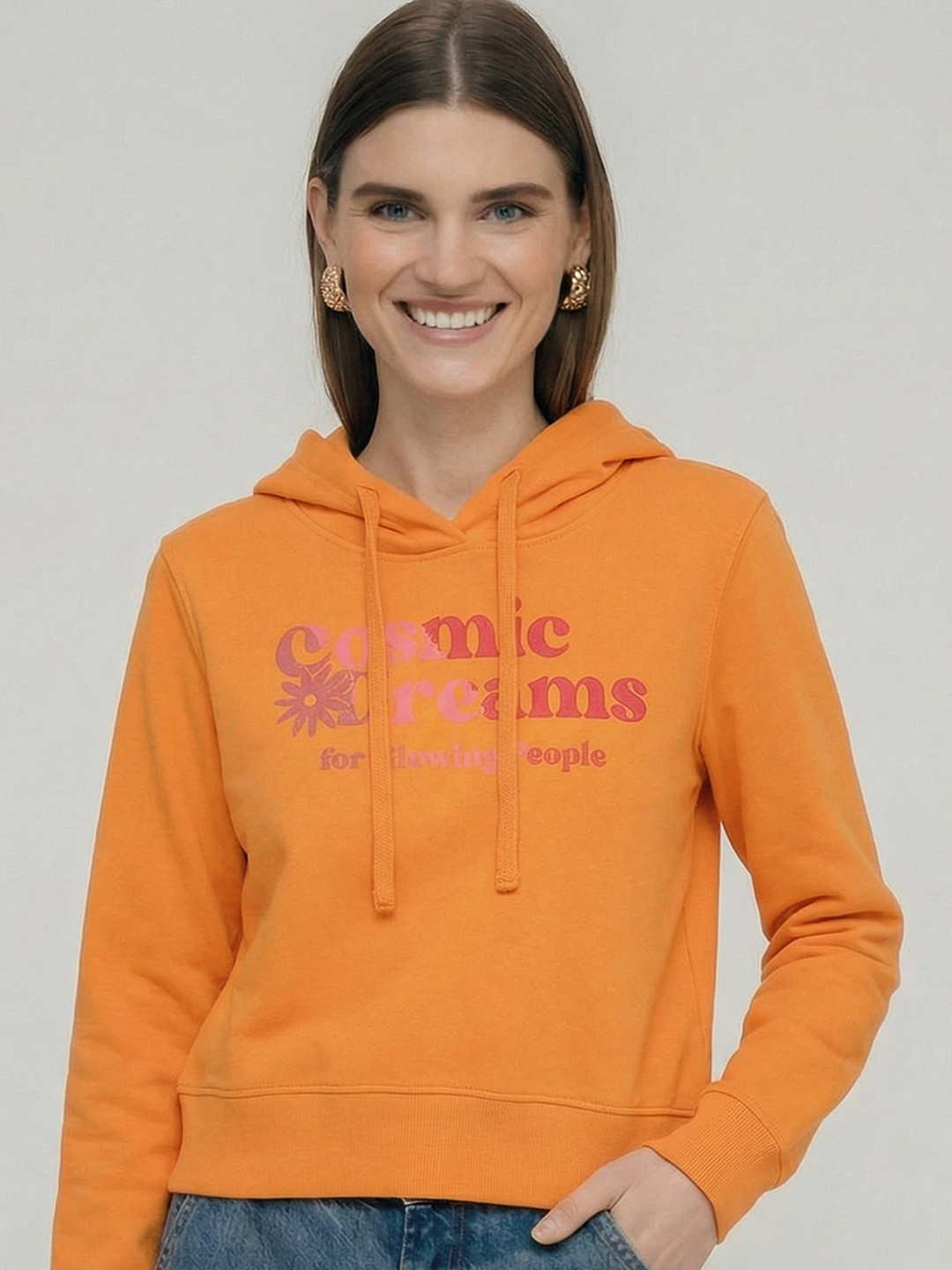 Tokyo Talkies Women Orange Printed Hooded Sweatshirt