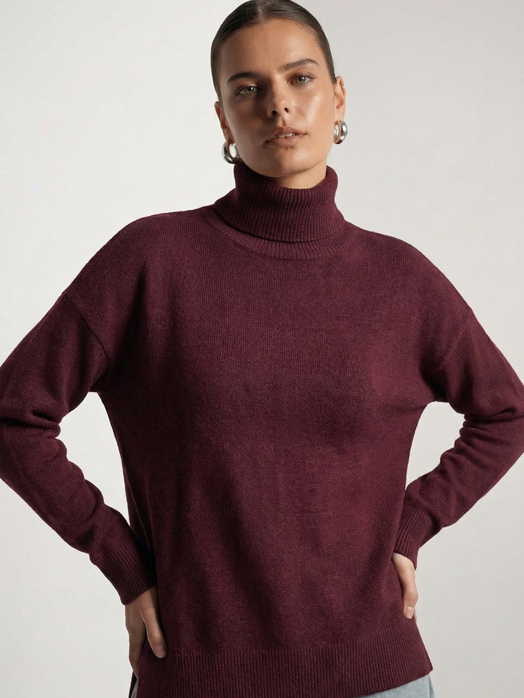 Tokyo Talkies Women Maroon Turtle Neck Acrylic Sweater