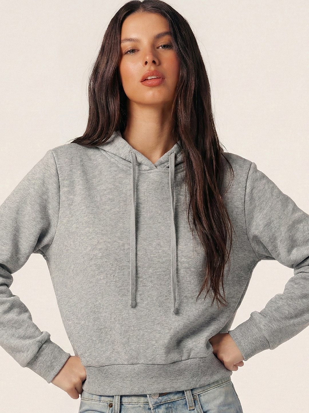 Tokyo Talkies Women Grey Hooded Sweatshirt