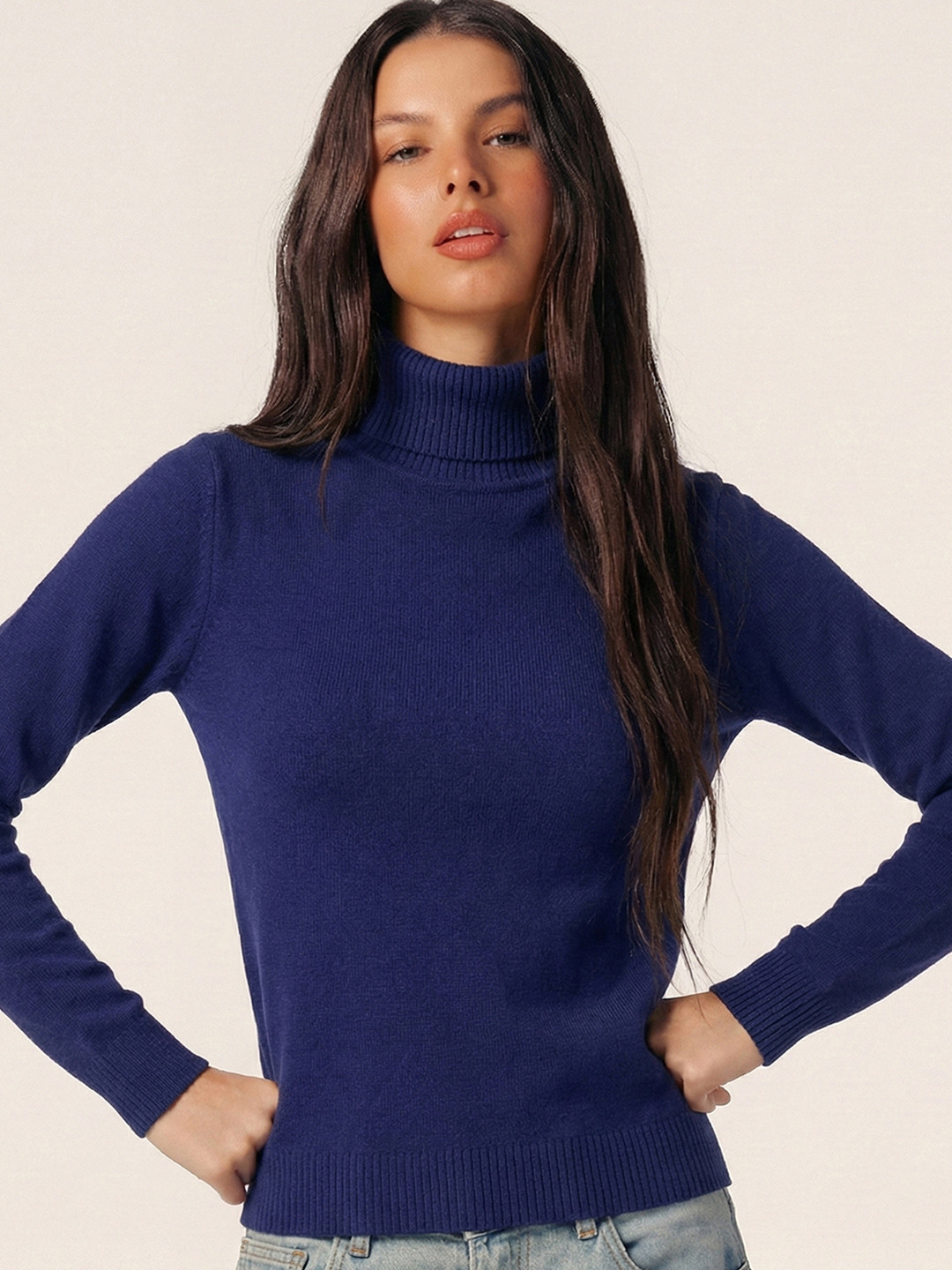 Tokyo Talkies Women Navy Blue Turtle Neck Acrylic Pullover Sweater