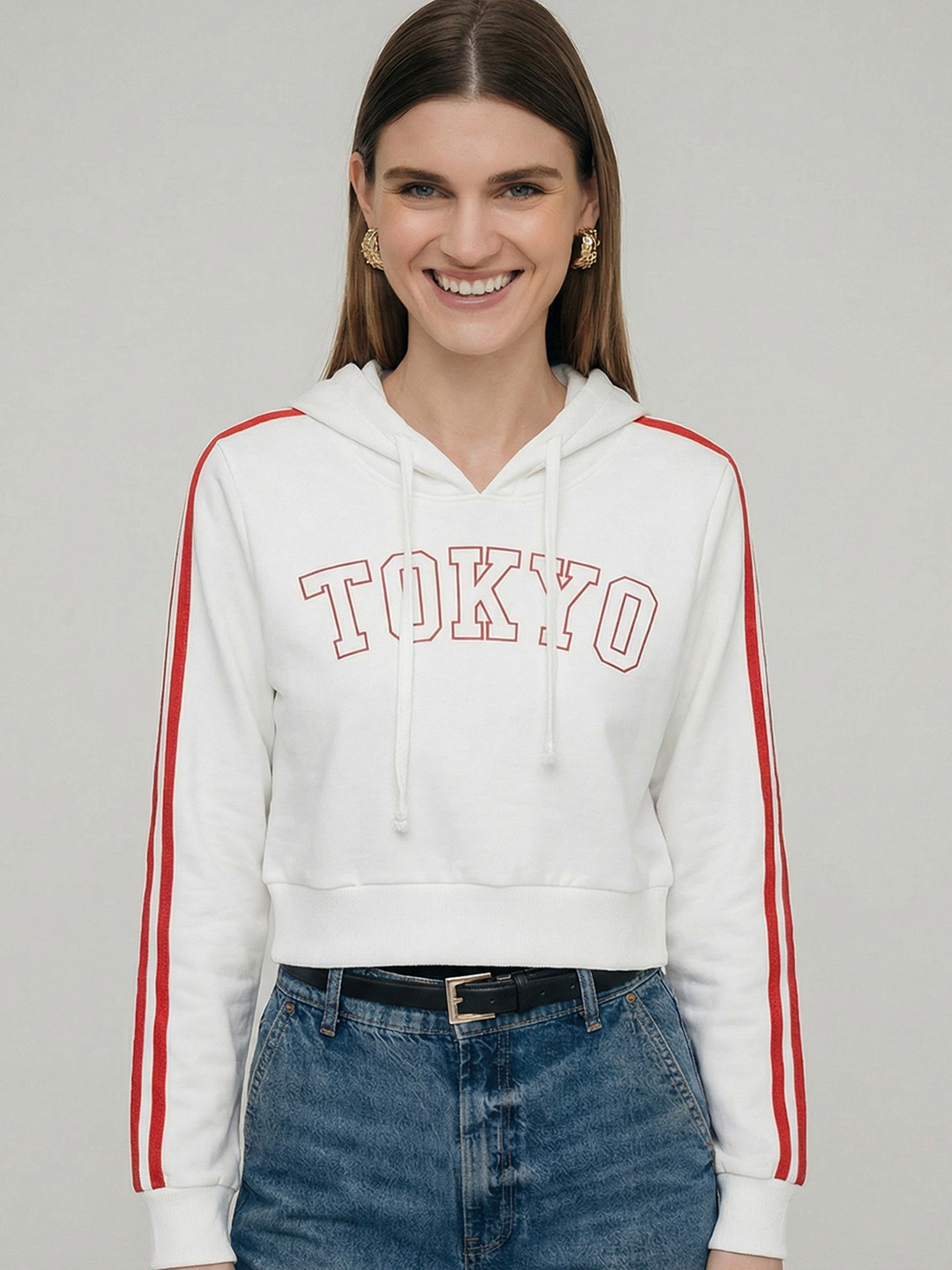 Tokyo Talkies Women White Printed Hooded Sweatshirt