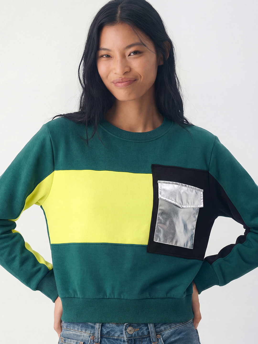Tokyo Talkies Women Black & Blue Colourblocked Sweatshirt
