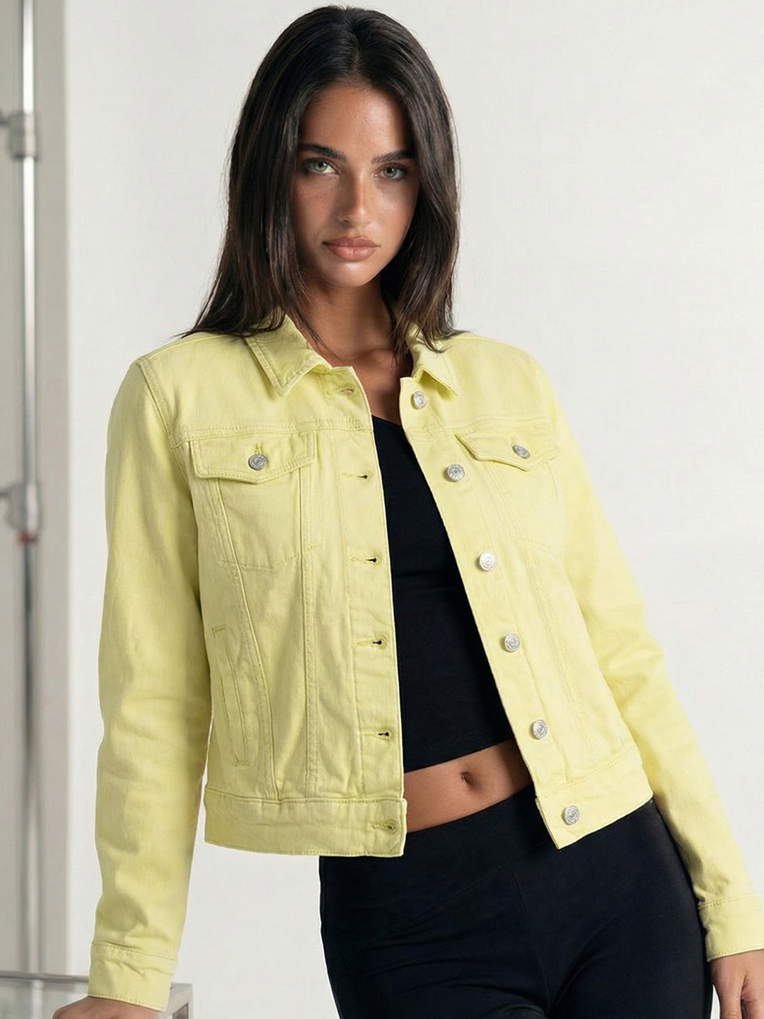Tokyo Talkies Women Lime Green Solid Denim Jacket