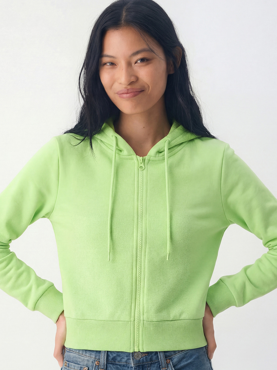 Tokyo Talkies Women Lime Green Hooded Sweatshirt