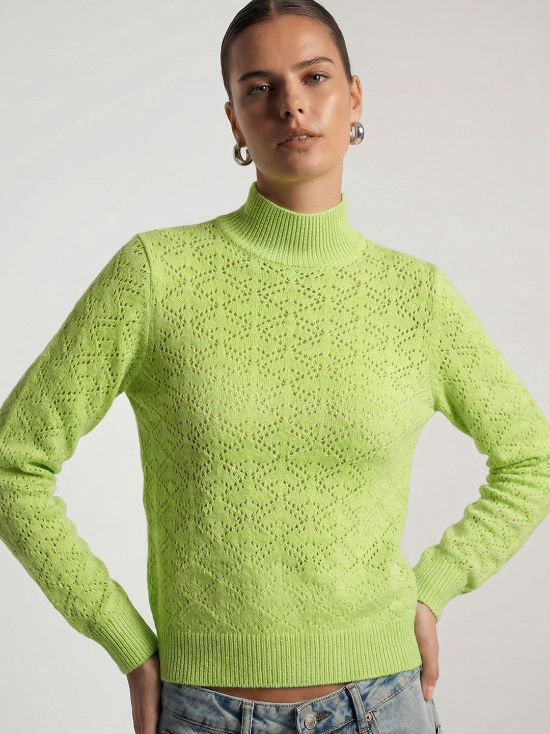 Tokyo Talkies Women Green Self Design Pullover Sweater