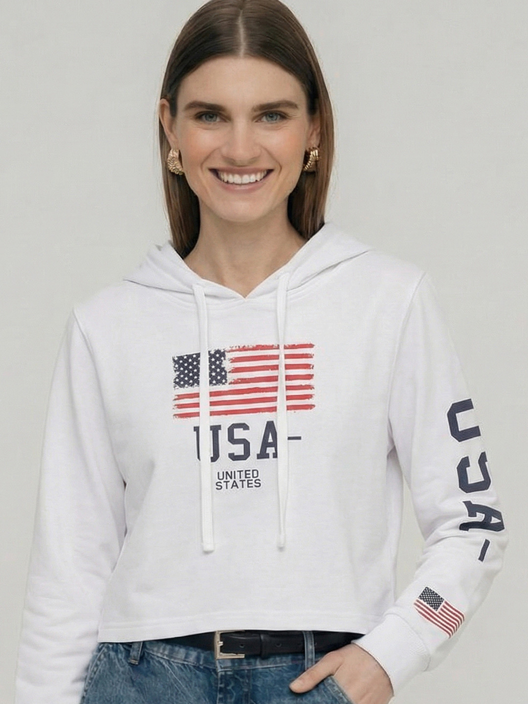 Tokyo Talkies Women White & Black Printed Hooded Sweatshirt