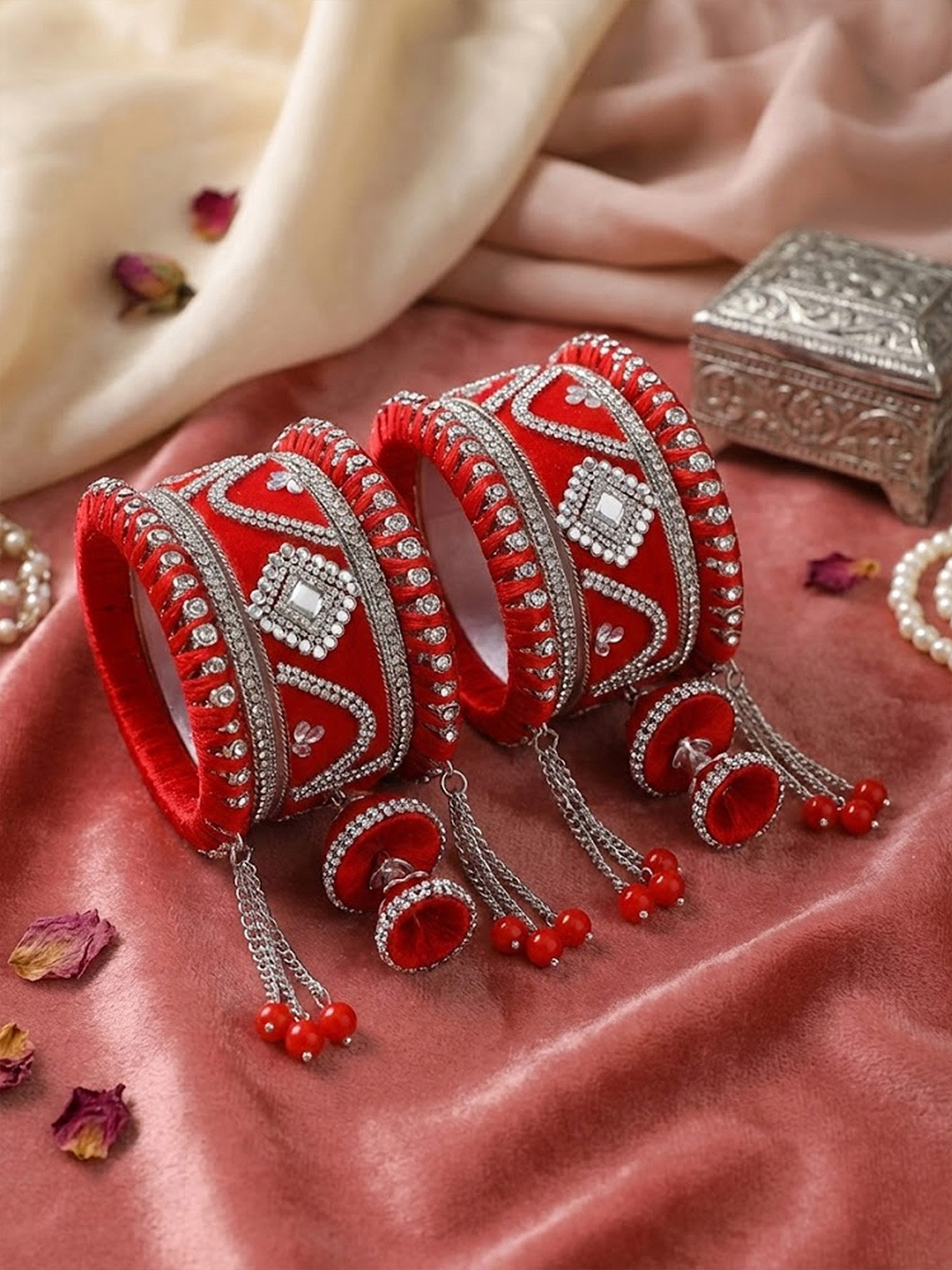 Adwitiya Collection Set Of 10 Silver-Plated Stone-Studded Bangles