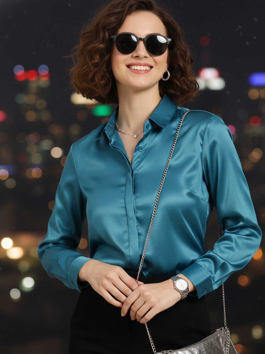 Hancock Women Solid Satin Regular Fit Party Shirt