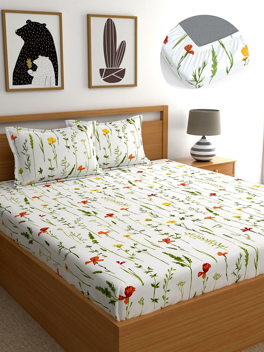 Home Ecstasy White Floral Pure Cotton 140 TC Fitted King Bedsheet with 2 Pillow Covers-72 x 78 inches