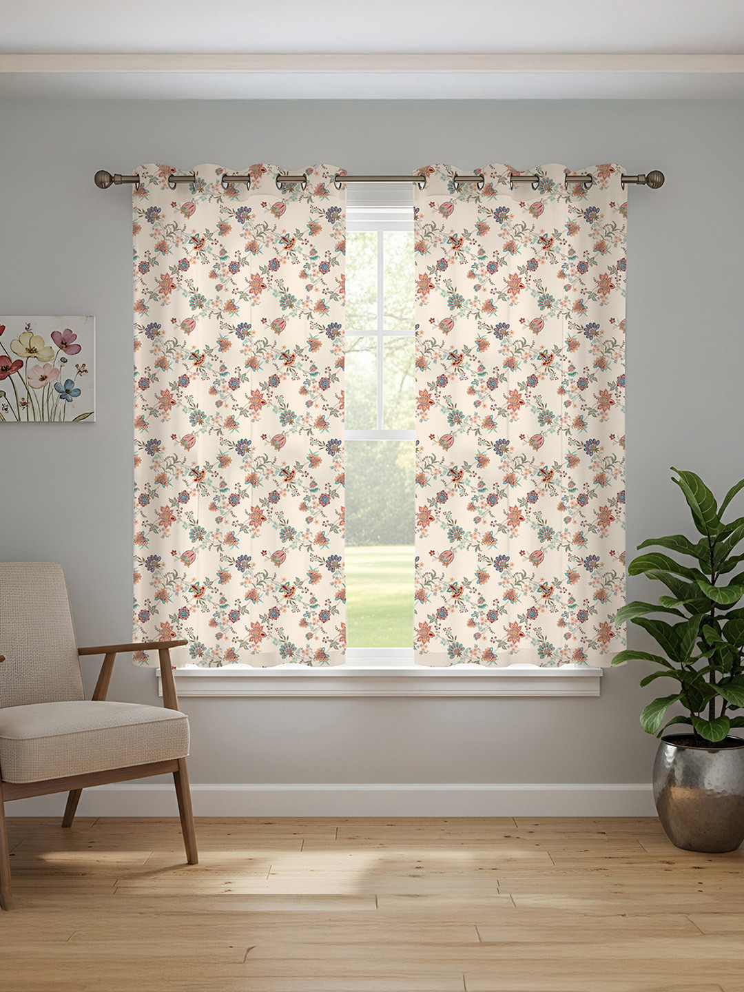URBAN SPACE Off white 2-Pieces Floral Cotton Window Curtains
