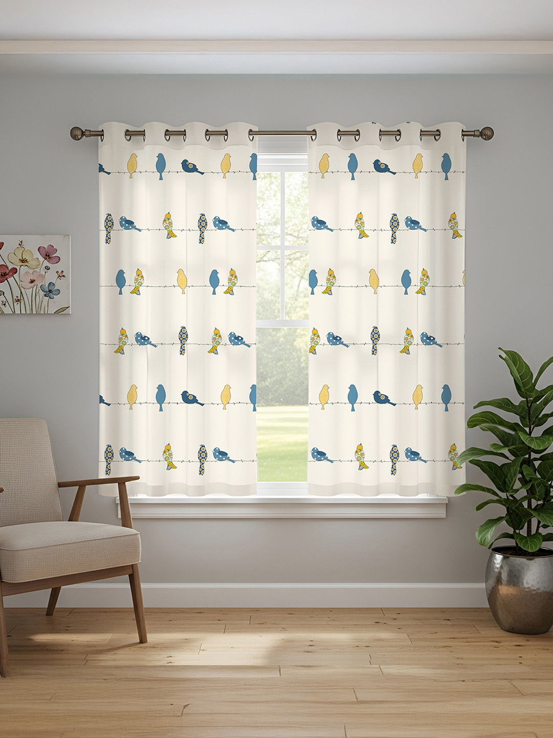 URBAN SPACE White & Blue Set of 2 Window Curtains