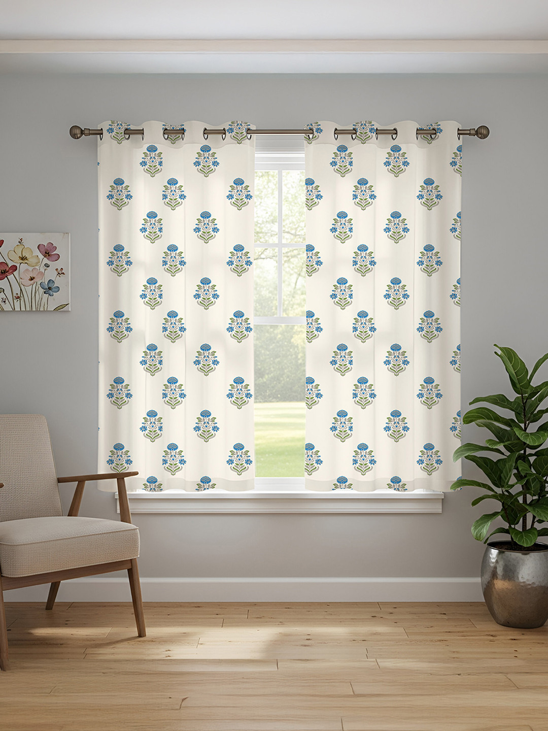 URBAN SPACE White & Blue 2-Pieces Floral Cotton Window Curtains