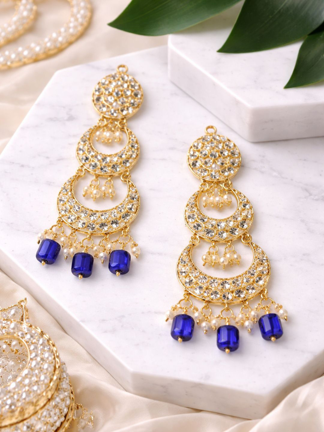 I Jewels Gold-Plated & Blue Crescent Shaped Chandbalis Earrings