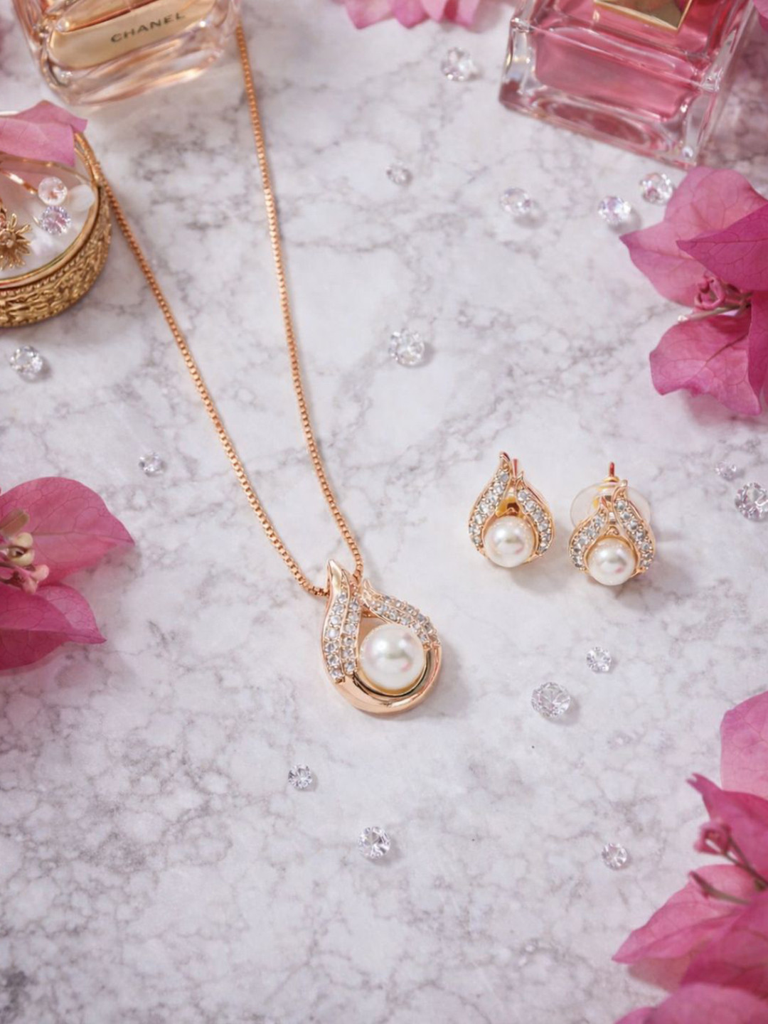 I Jewels Rose Gold-Plated Pearl Stone Studded Jewellery Set