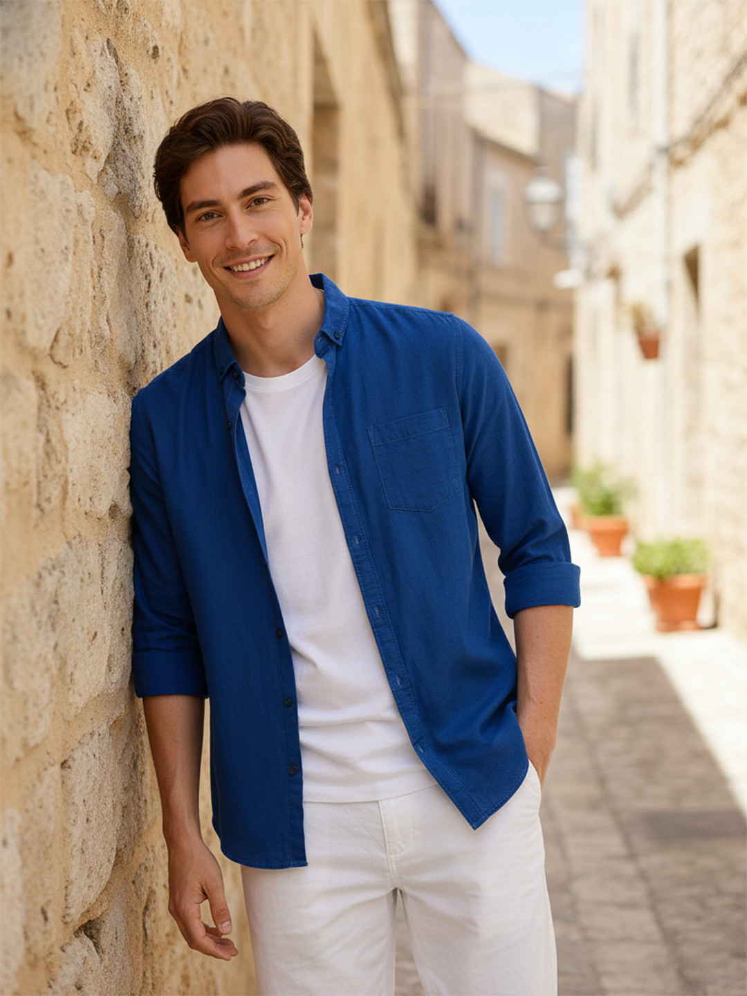 Mast & Harbour Men Blue Regular Fit Solid Casual Linen Cotton Shirt