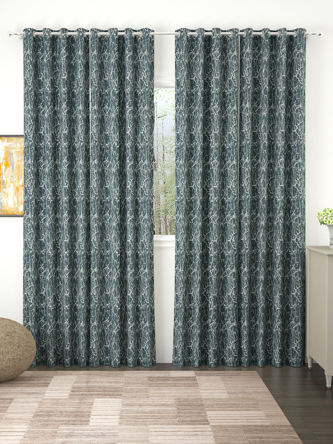 

Story@home Grey & Off White Set of 4 Grey Floral 400 GSM Room Darkening Jacquard Door Curtain