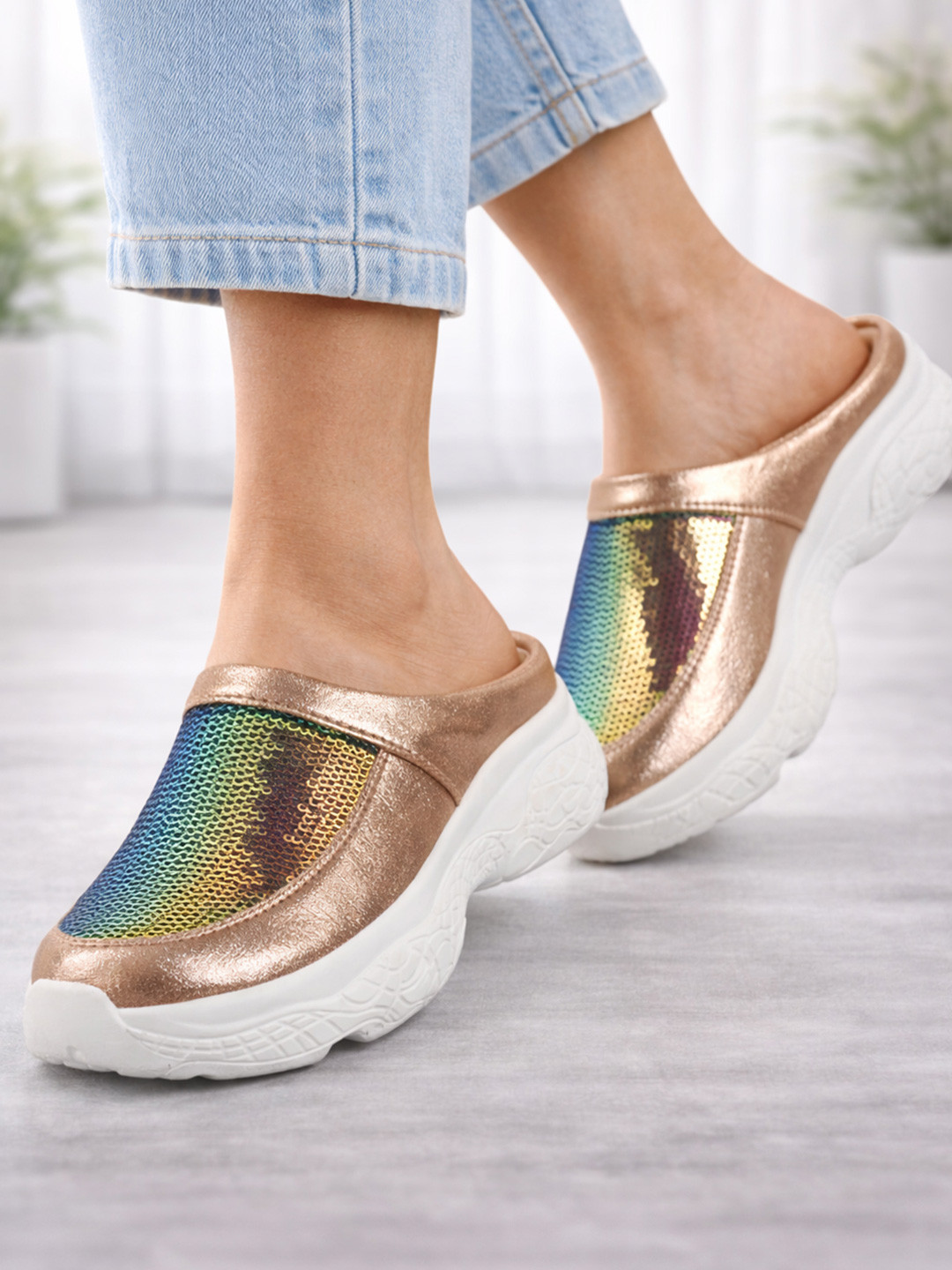 FAUSTO Women Gold-Toned Colourblocked PU Slip-On Sneakers