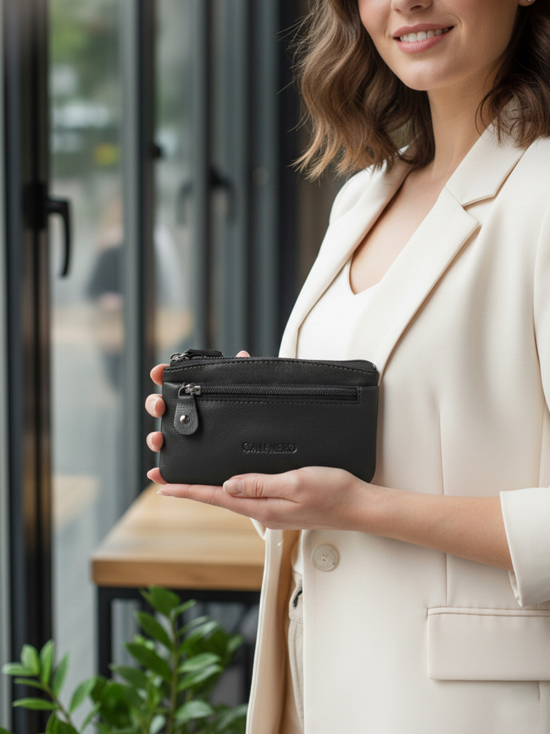 CALFNERO Unisex Leather Zip Around Wallet