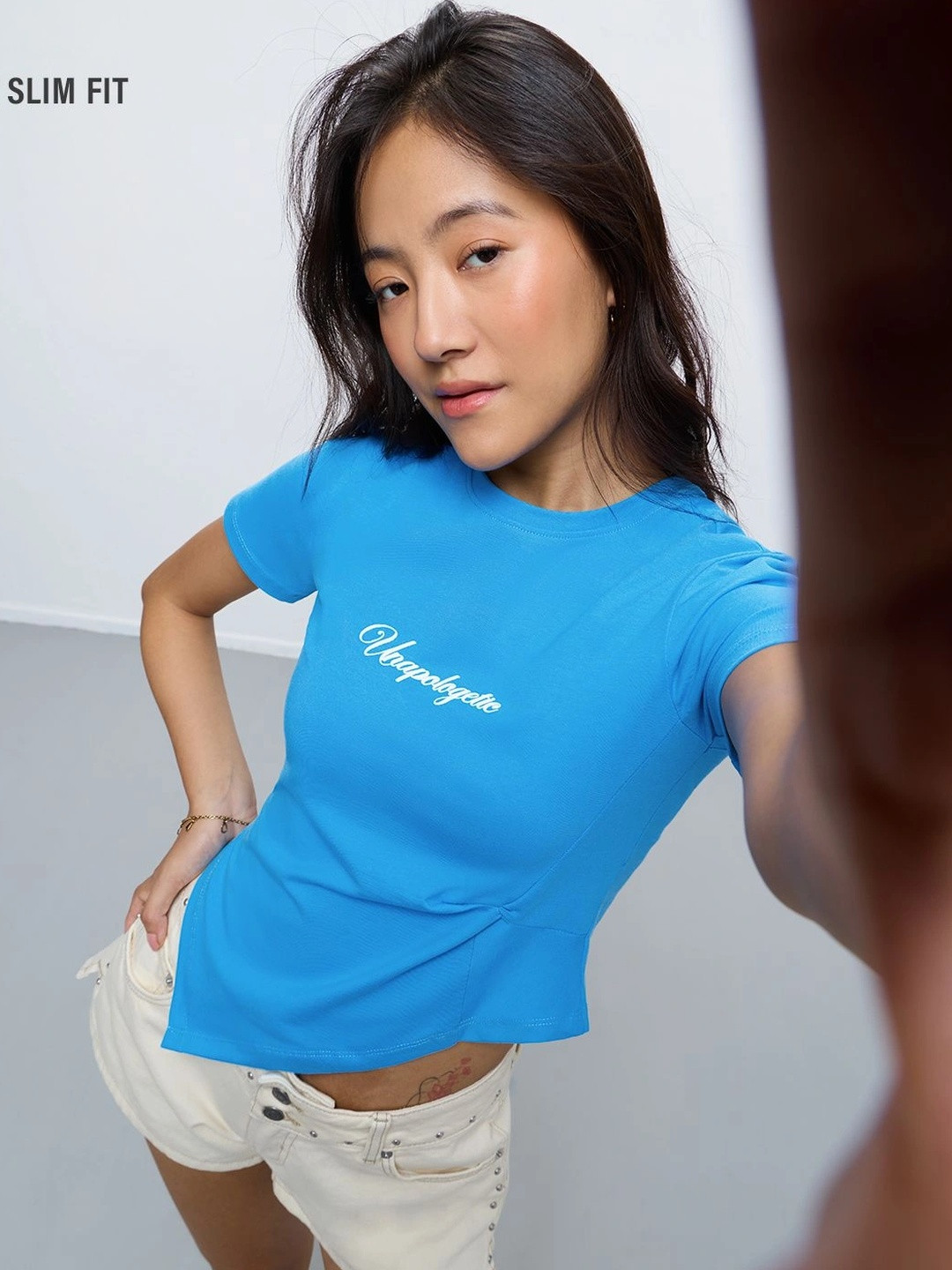 The Souled Store Blue Print Cotton Blend Slim Fit Round Neck Top