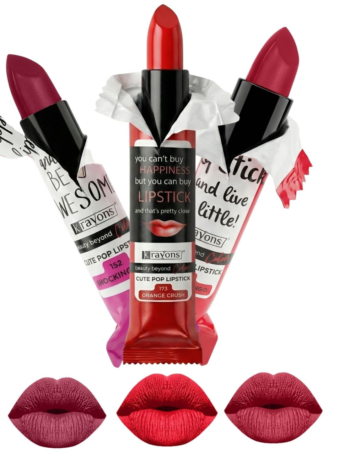 krayons Set Of 3 The Natural Beauty Matte Lipstick - ShockingPink, FirstCrush, OrangeCrush