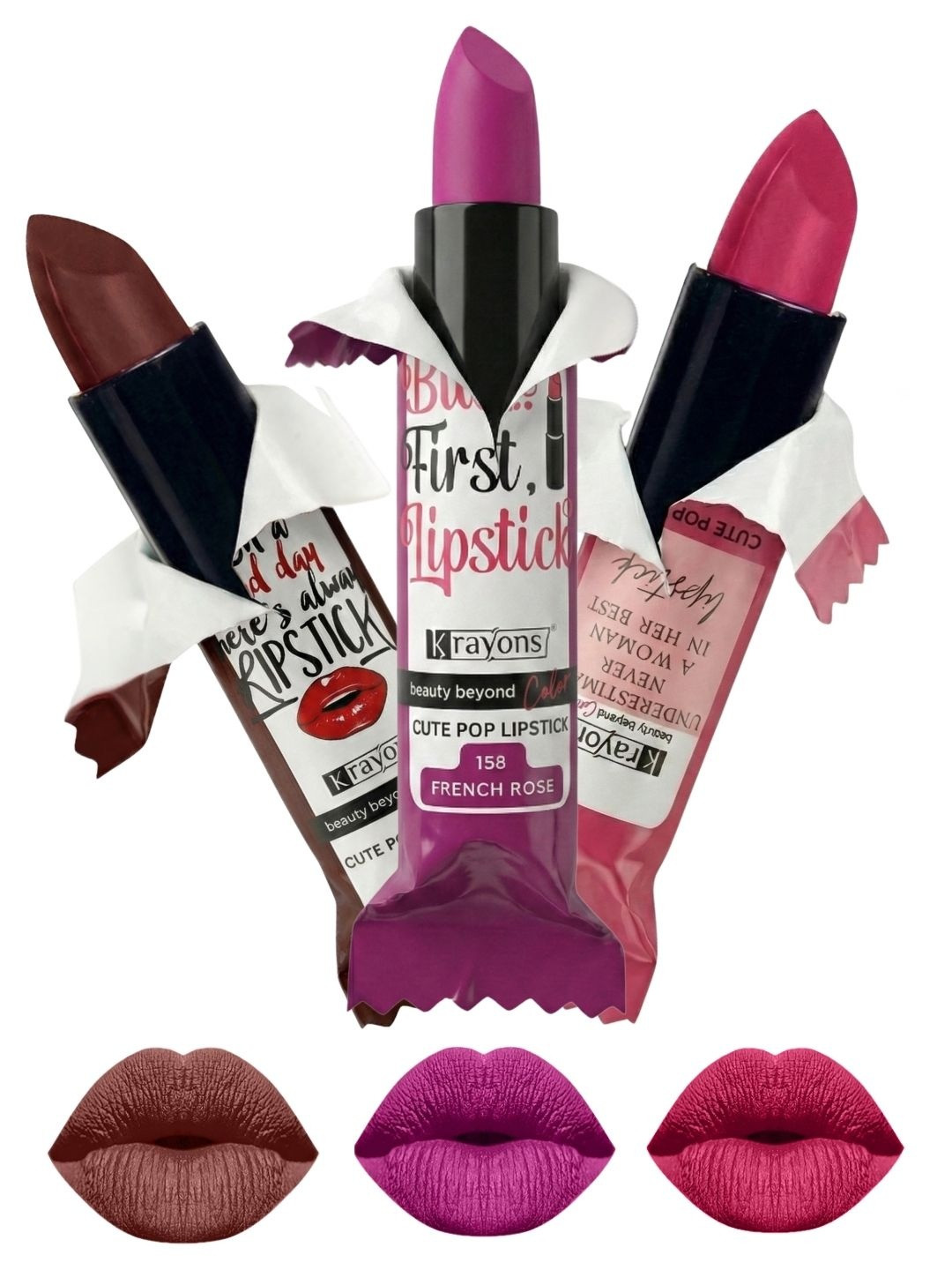 krayons Set Of 3 The Natural Beauty Matte Lipsticks - Brick Tone, French Rose, Angel Pink