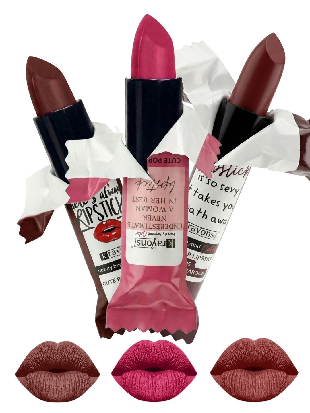 krayons Set Of 3 The Natural Beauty Matte Lipstick - Brick Tone, Angel Pink, Cherry Maroon