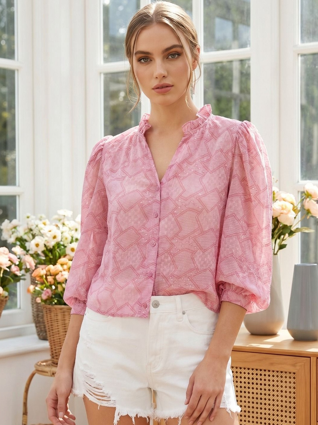STREET 9 Women Pink Sheer Printed Casual Shirt