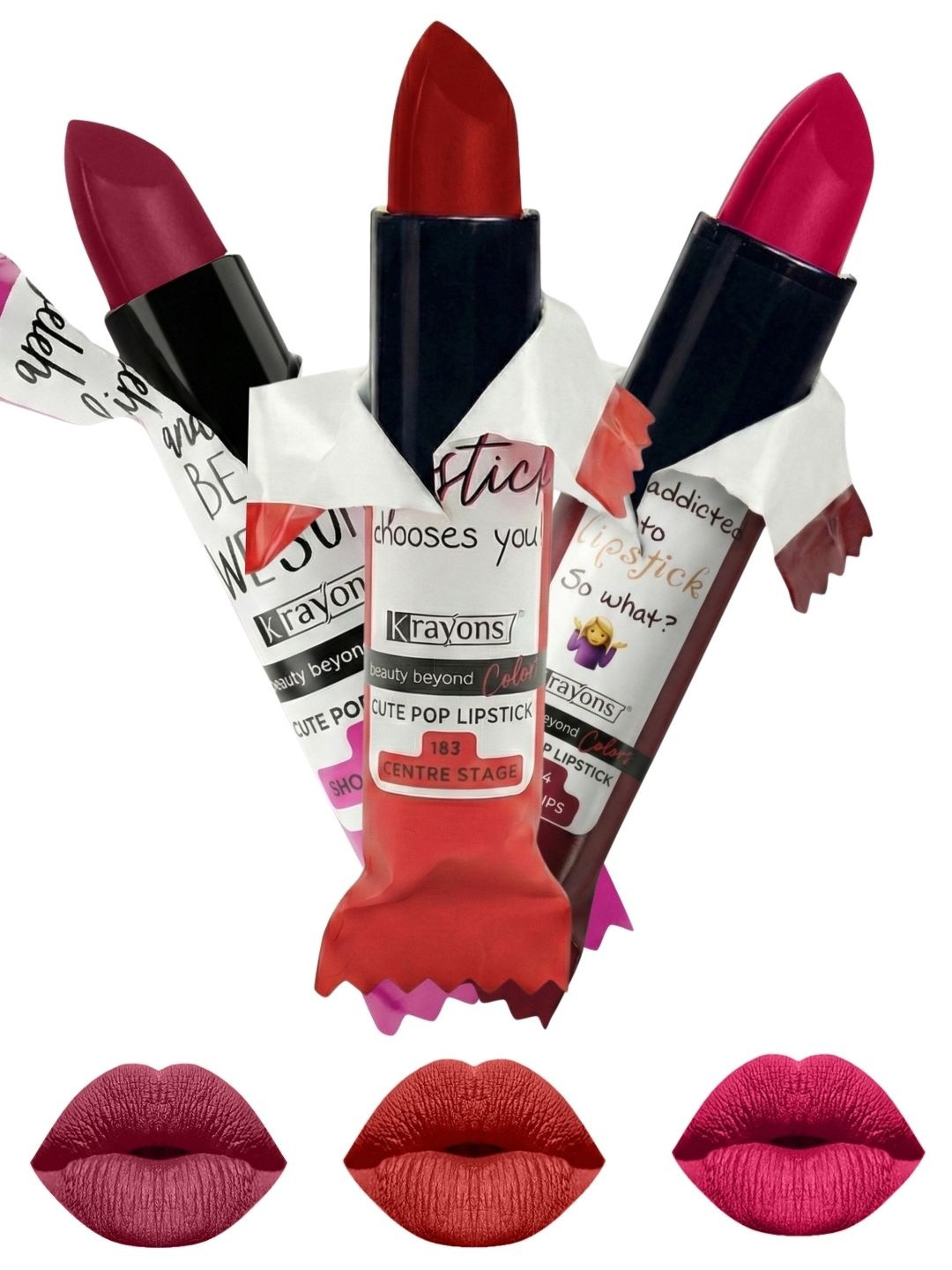 krayons Set Of 3 The Natural Beauty Matte Lipstick -Shocking Pink, Centre Stage, Pink Lips