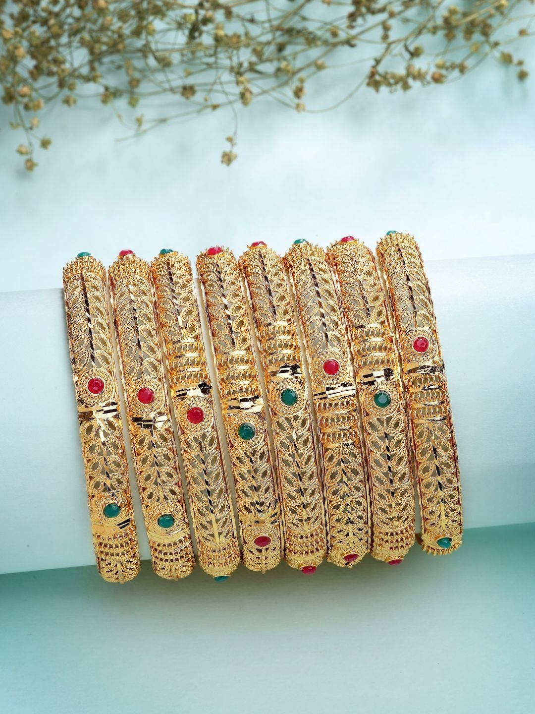 ZENEME Set Of 4Gold-Plated CZ -Studded Bangles