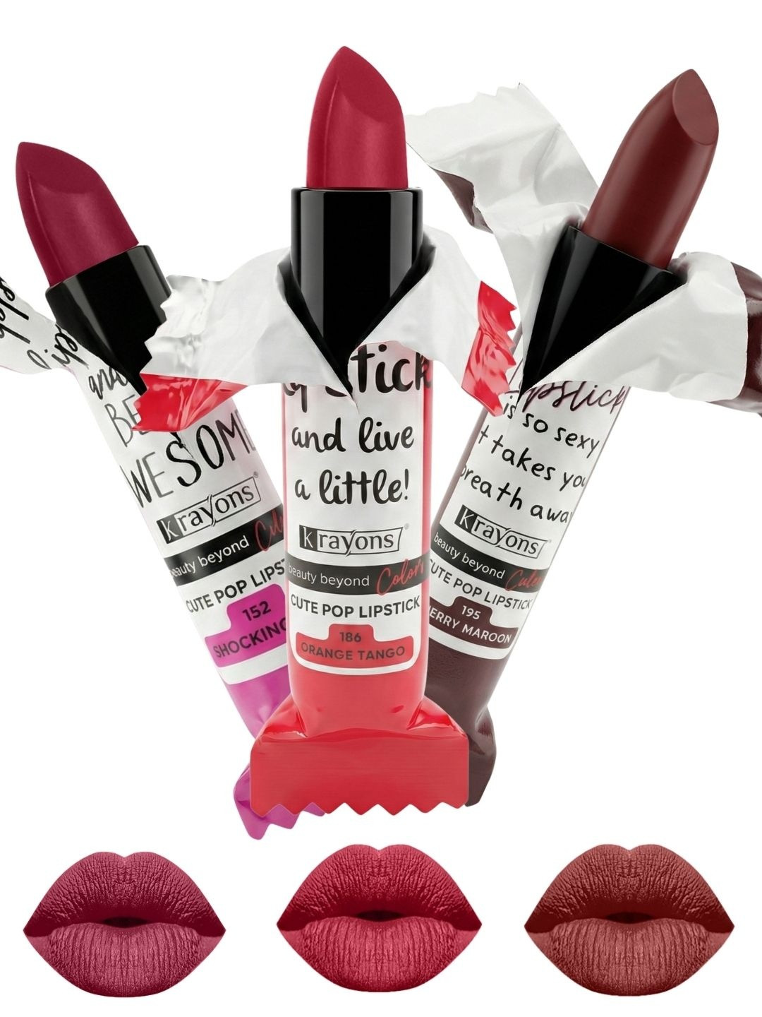 krayons Set Of 3 The Natural Beauty Matte Lipstick-ShockingPink, OrangeTango, CherryMaroon