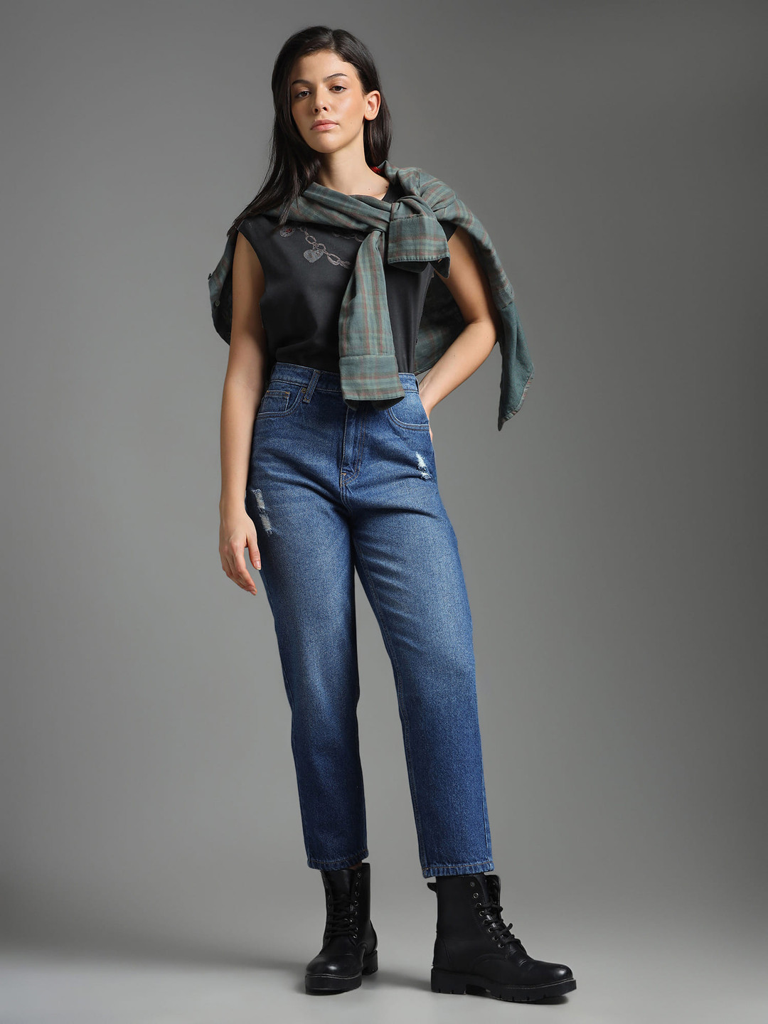 Flying Machine Women High-Rise Low Distressed Light Fade Cotton Straight Fit Jeans