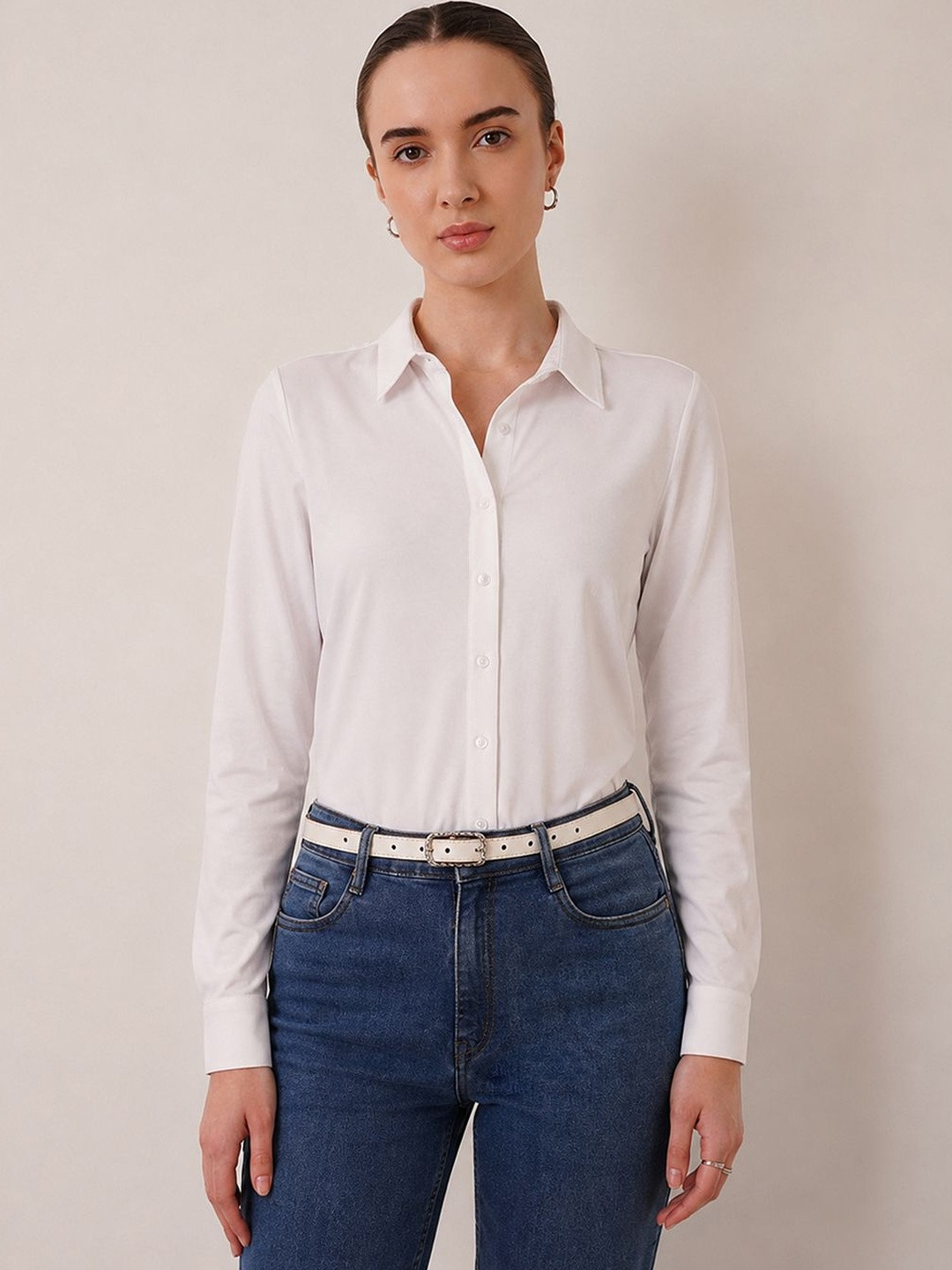 FABLE STREET Women White Knitted Shirt