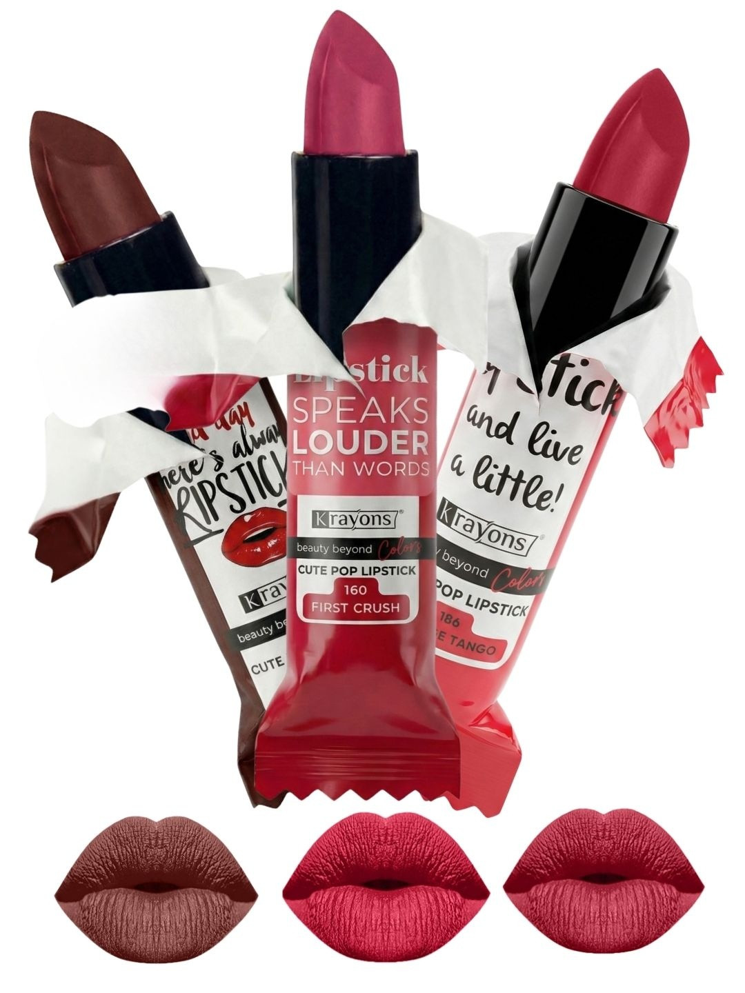krayons Set Of 3 The Natural Beauty Matte Lipstick - Brick Tone, First Crush, Orange Tango