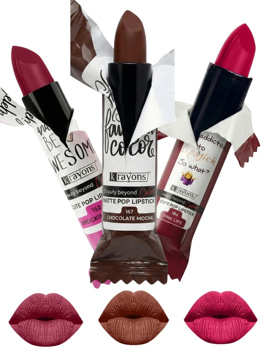 krayons Set Of 3 The Natural Beauty Matte Lipstick-Shocking Pink,Chocolate Mocha,Pink Lips