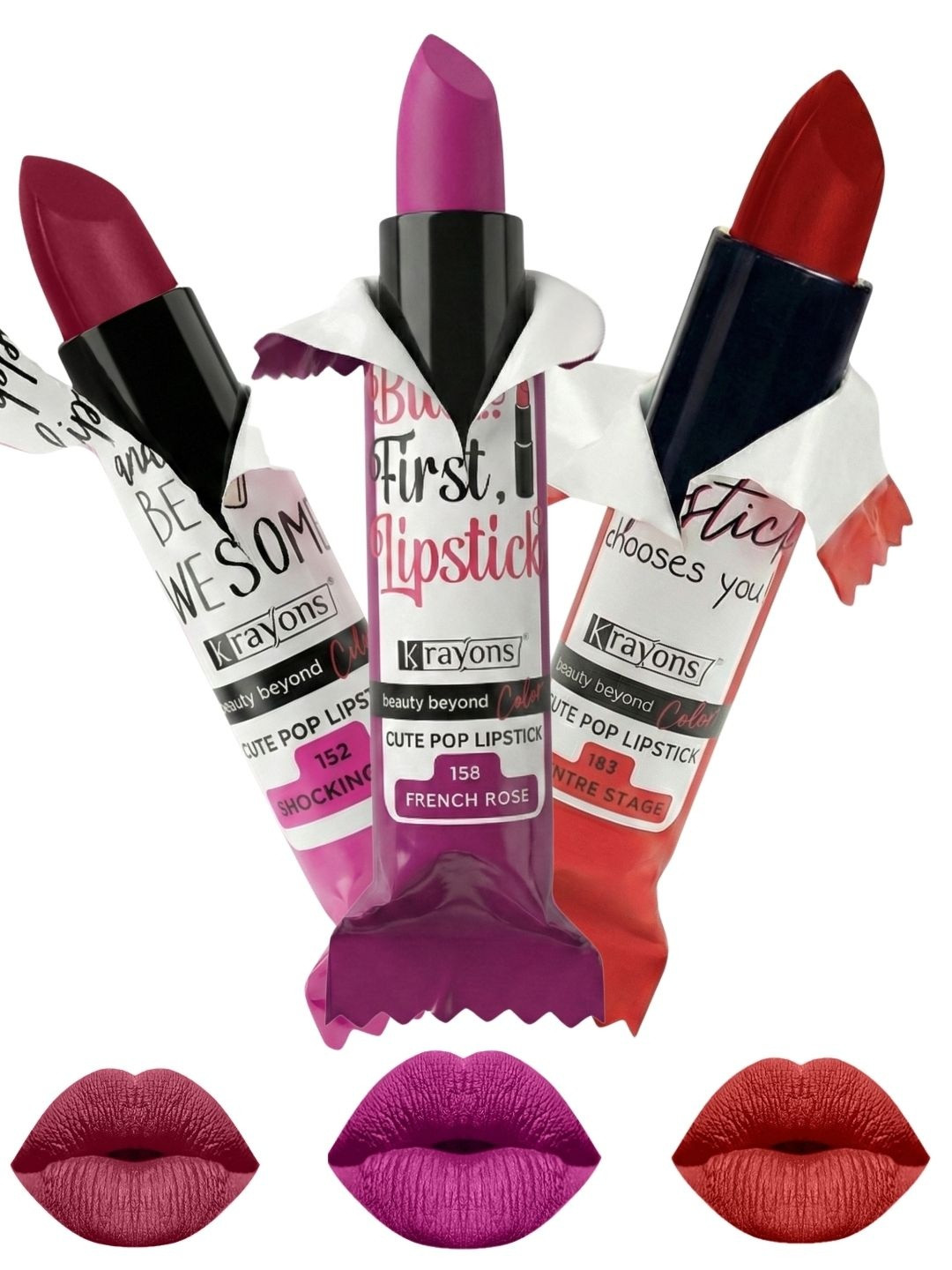 krayons Set Of 3 The Natural Beauty Matte Lipstick -Shocking Pink,French Rose,Centre Stage