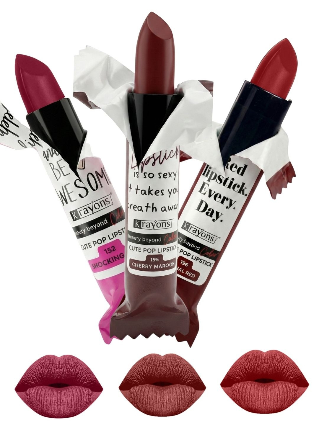 krayons Set Of 3 The Natural Beauty Matte Lipstick - ShockingPink, CherryMaroon, SignalRed