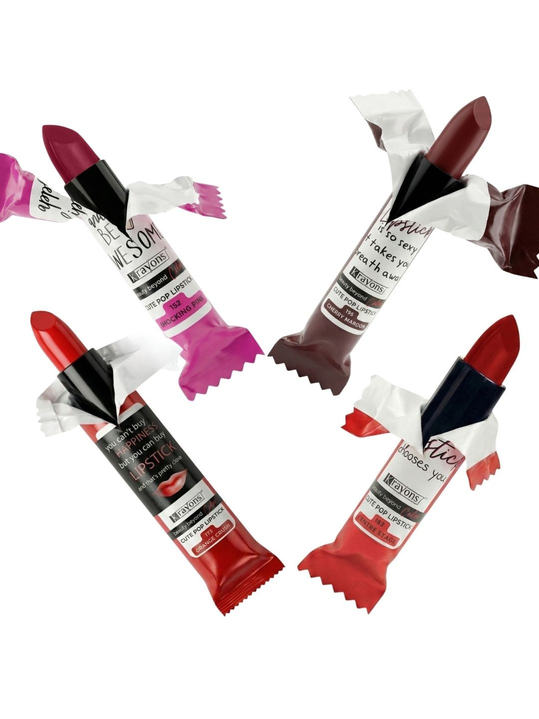 krayons Set of 4 Cute Pop Moisturizing Matte & Waterproof Lipsticks 3.5 g Each - Shocking Pink 152 - Cherry Maroon 195 - Orange Crush 173 - Centre Stage 183