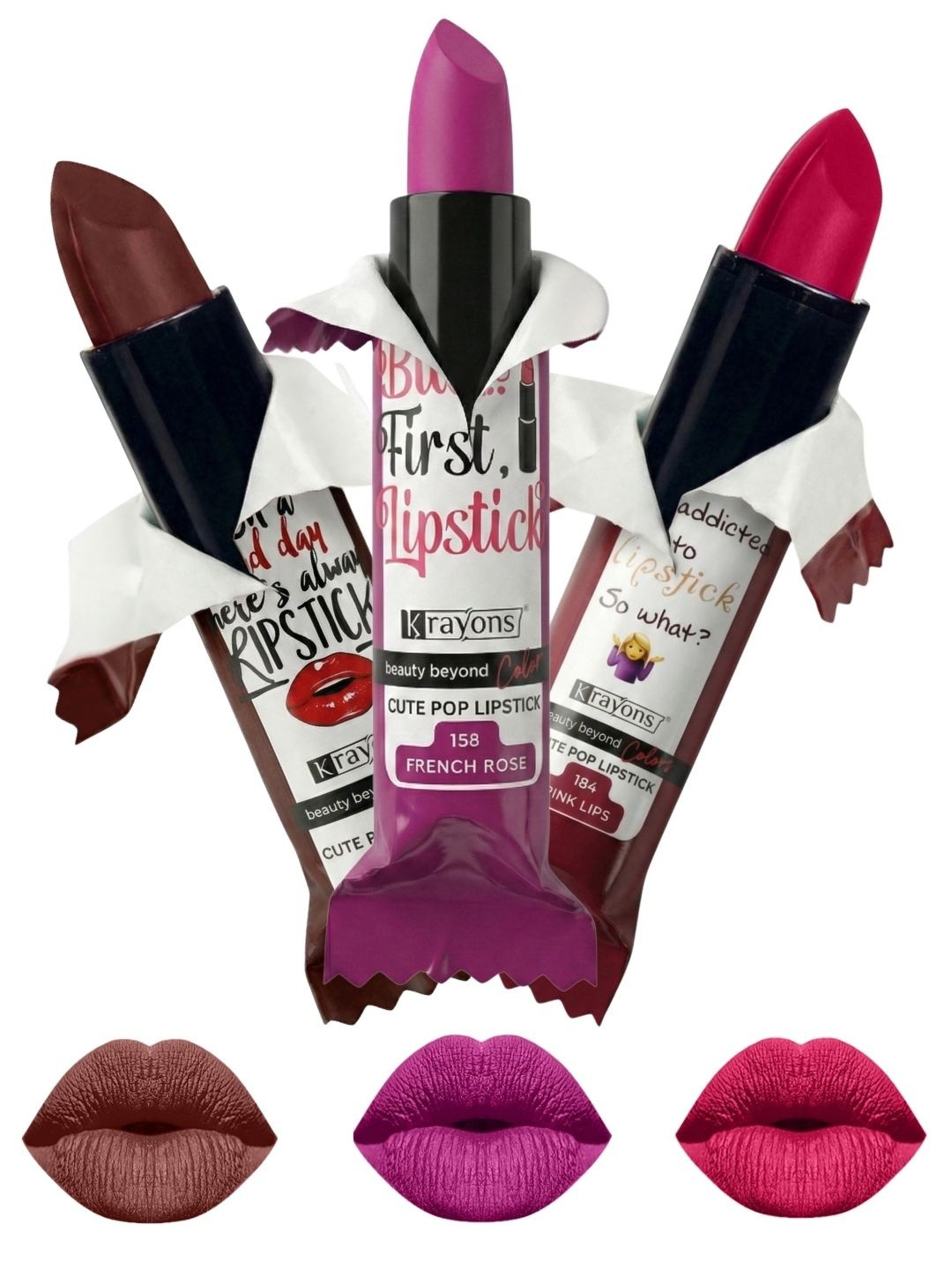 krayons Set Of 3 The Natural Beauty Matte Lipsticks - Brick Tone, French Rose, Pink Lips