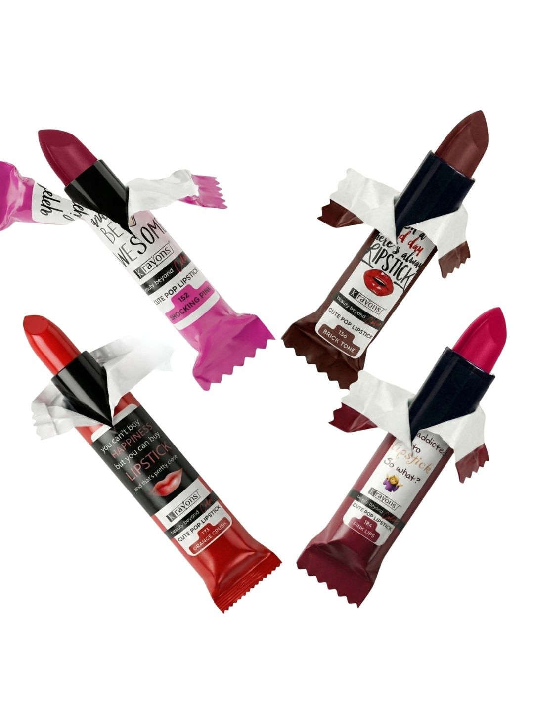 krayons Set of 4 Cute Pop Moisturizing Matte & Waterproof Lipsticks 3.5 g Each - Shocking Pink 152 - Brick Tone 156 - Orange Crush 173 - Pink Lips 184