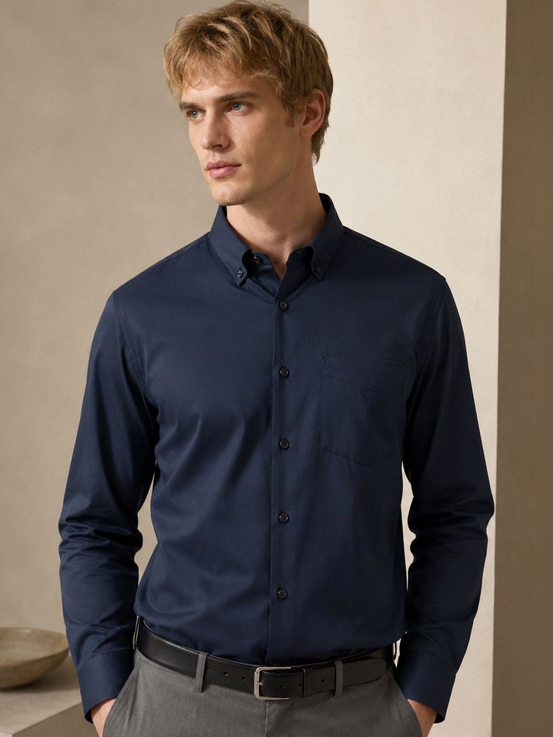 Hancock Men Navy Blue Solid Slim Fit Pure Cotton Formal Shirt
