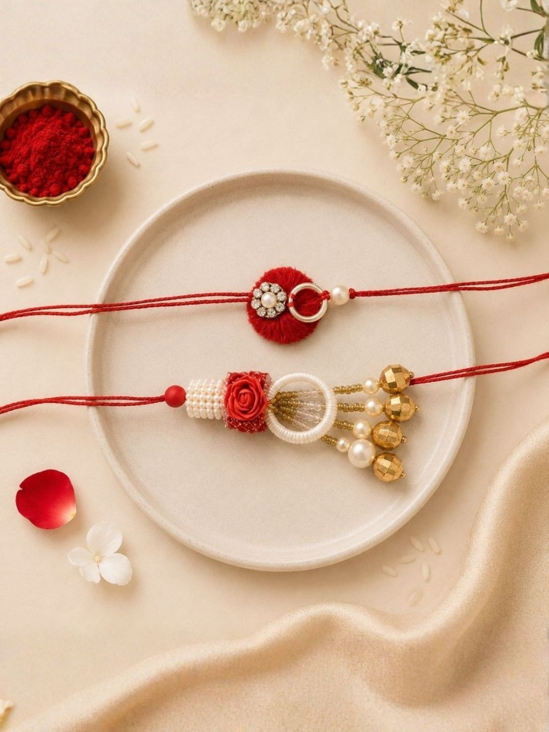 I Jewels Men Red Set Of 2 Pearl Studded & Beaded Lumba & Rakhi