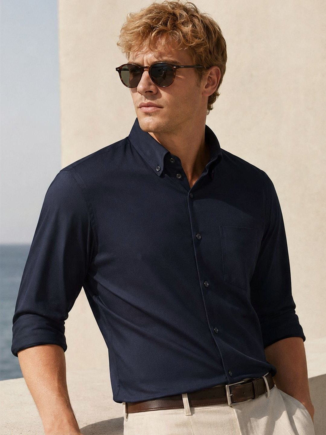 Hancock Men Navy Blue Slim Fit Solid Casual Shirt