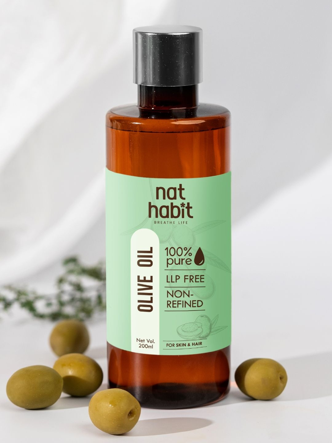 Nat Habit Pure Non-Refined Olive Oil for Hair Growth & Skin Care - 200ml