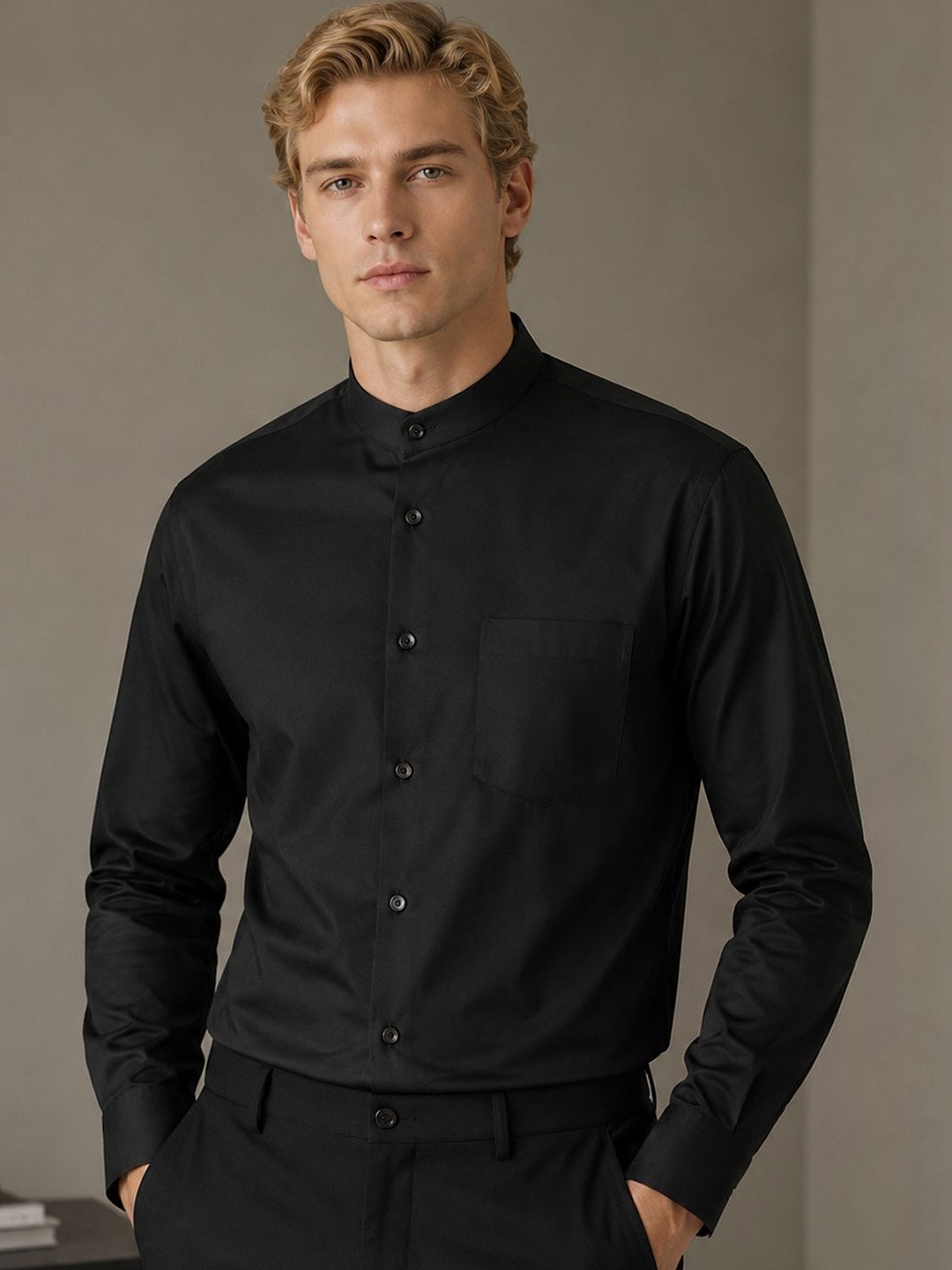 Hancock Men Black Solid Satin Slim Fit Pure Cotton Tuxedo Formal Shirt