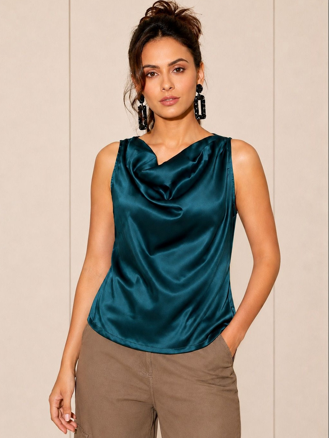NEUDIS Teal Cowl Neck Sheen Satin Regular Top