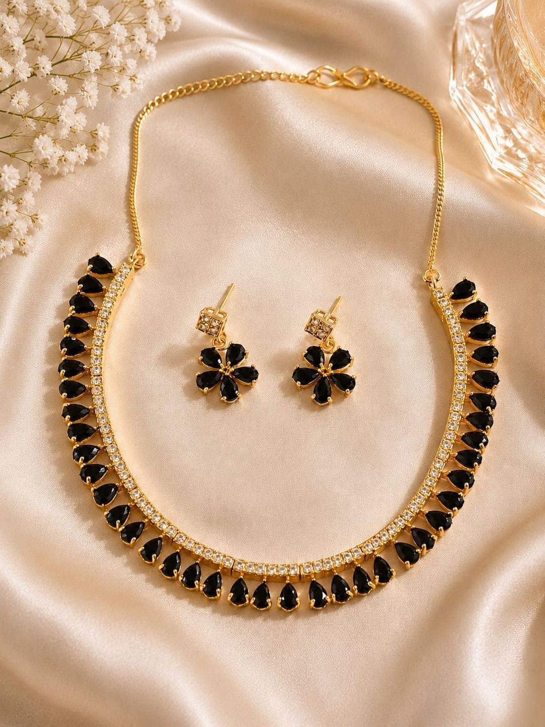 Jewar Mandi Gold-Toned & Black CZ Studded Jewellery Set