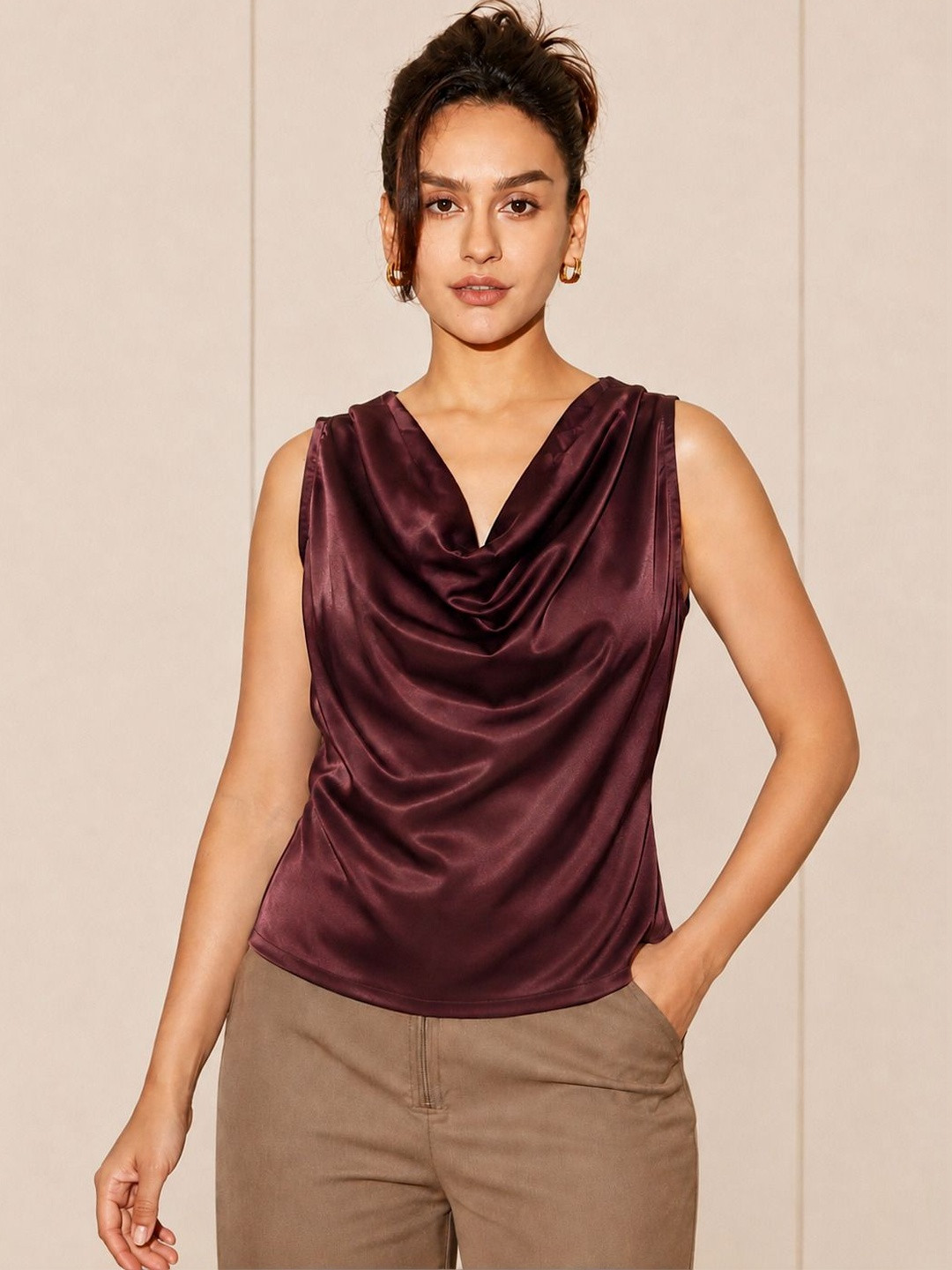 NEUDIS Burgundy Cowl Neck Sheen Satin Top