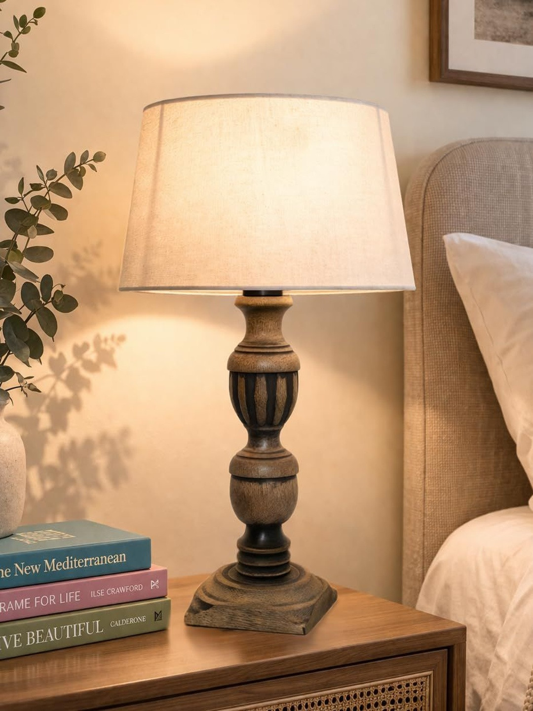 Homesake Rustic Antique Black French Trophy Carved Table lamp with Empire Khadi Shade