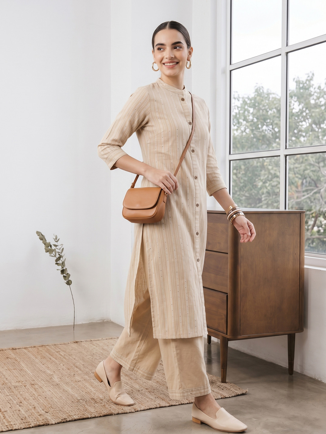 Anouk X fwd Women Beige Cotton Striped Kurta with Palazzos
